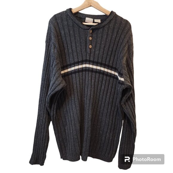 Fieldmaster Henley Sweater Gray Black White Stripe VTG Retro - Picture 1 of 3